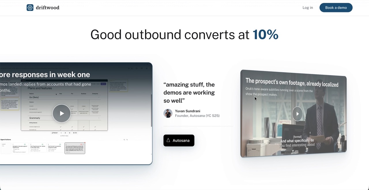Scrolling through the case studies section — each card a different custom demo Driftwood built