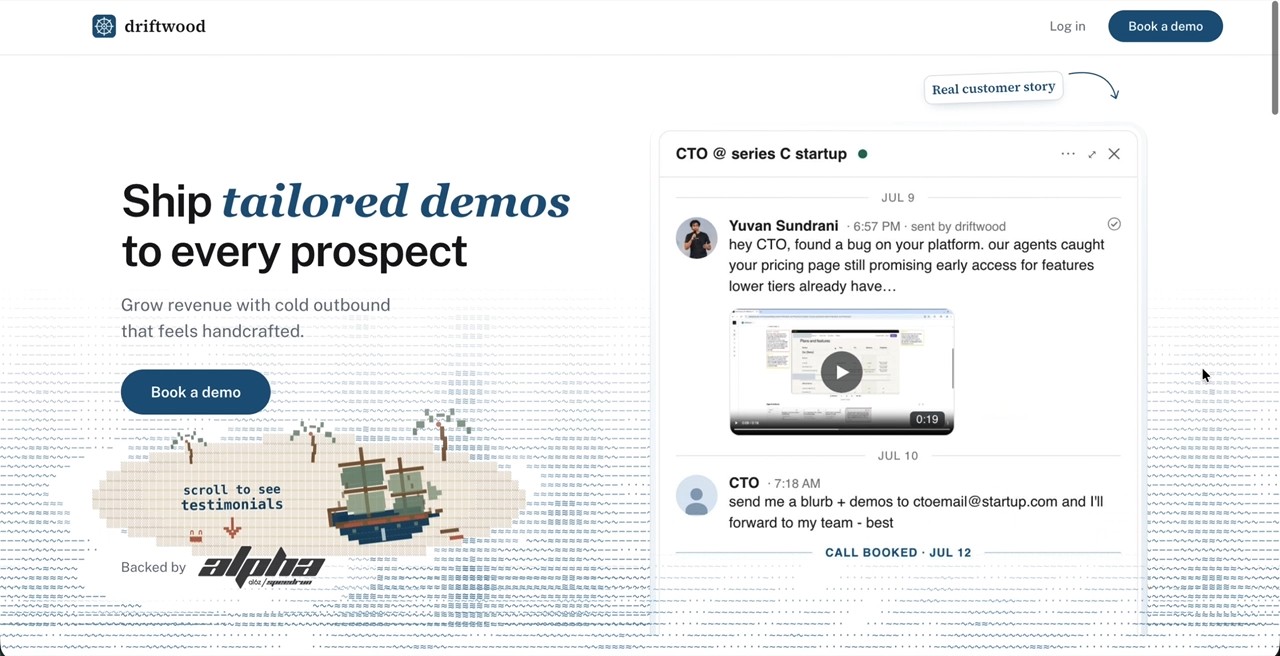 The new driftwood.sh homepage in motion