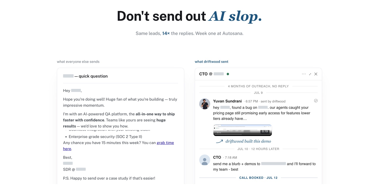 The old site's 'Don't send out AI slop' section — a generic cold email on the left, the message Driftwood sent on the right
