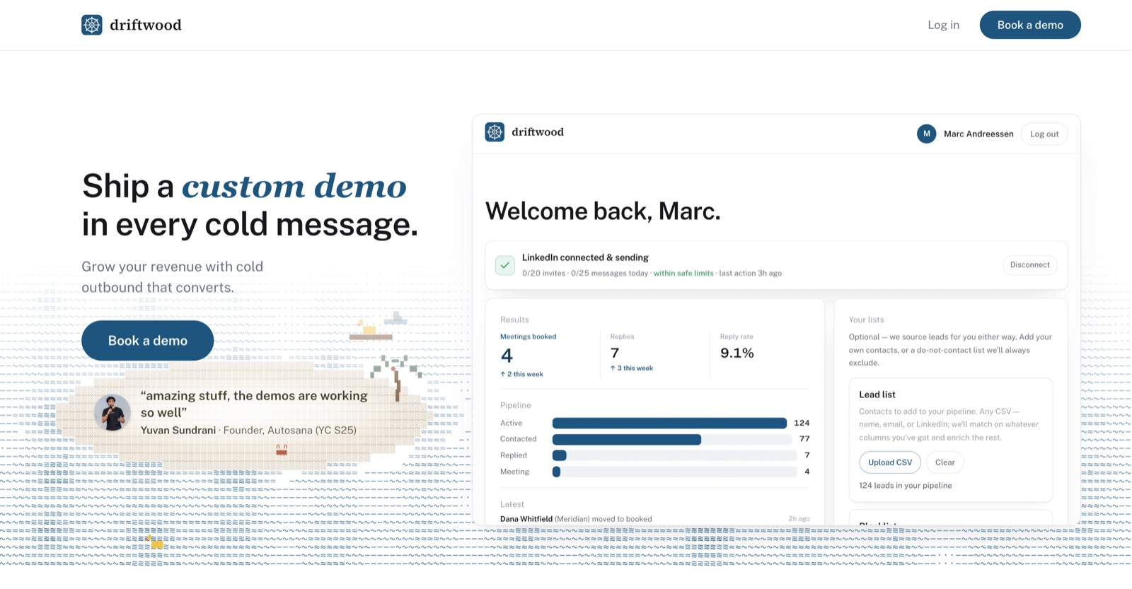 The old driftwood.sh hero: a headline about shipping a custom demo beside a dense screenshot of the product dashboard