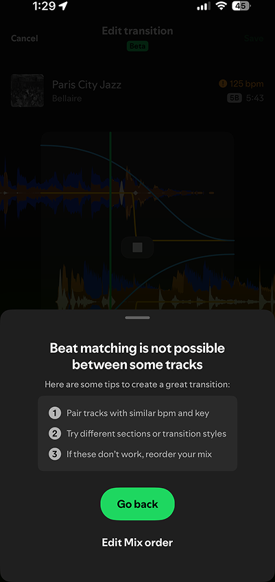 Spotify's current dead end: 'Beat matching is not possible between some tracks', with a Go back button