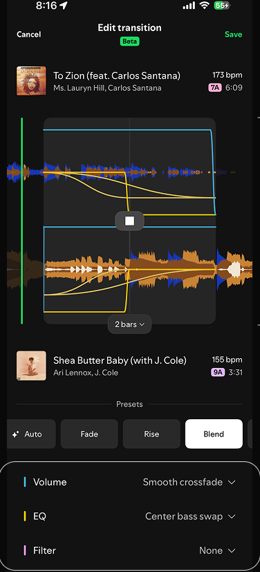 Spotify's current edit-transition screen: raw waveforms, curves, and mixing controls all exposed at once