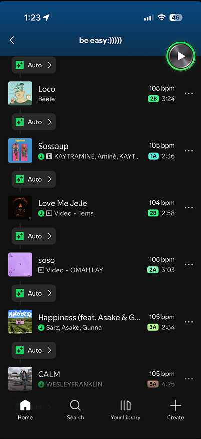 Spotify's current mixed-playlist screen with BPM and key badges on every song row