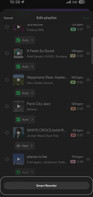 Spotify's current edit-playlist sheet, with Smart Reorder buried at the very bottom