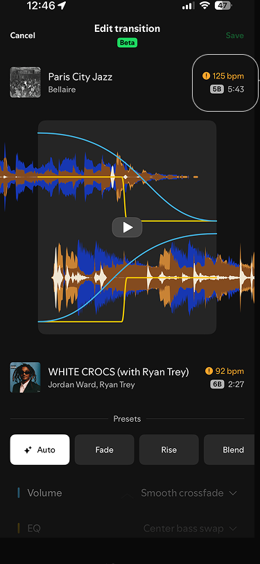 Spotify's current edit screen flagging a 125 bpm clash with a small orange badge