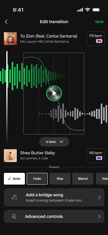 Edit transition waveform screen