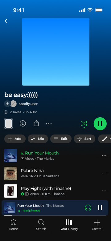 Playlist view with Mix pill