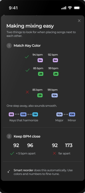 'Making mixing easy' sheet: match the key color, keep BPM close
