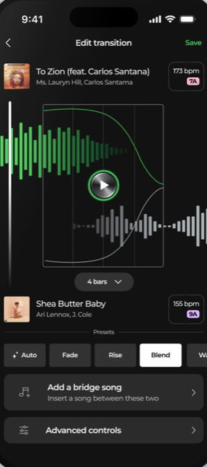 Redesigned edit-transition screen: dual waveform, blend curves, presets, plain-language actions