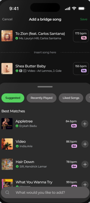 Redesign: the add-a-bridge-song flow suggesting tracks that smooth the transition