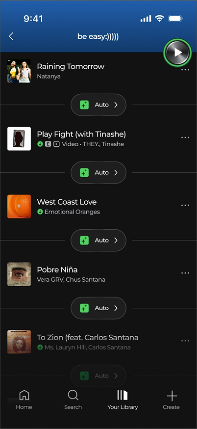 Redesigned playlist screen: clean song rows with transition data moved out of the main list