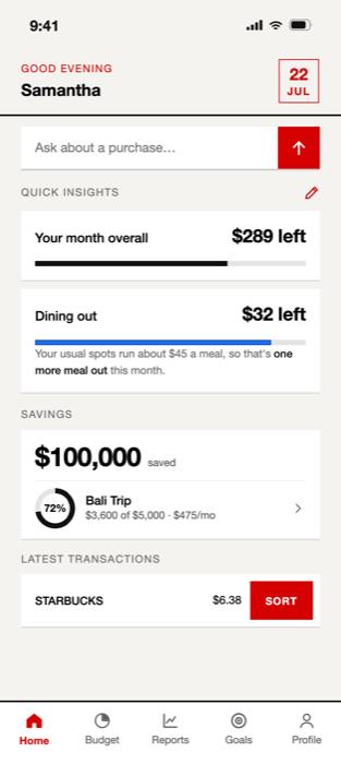 Home screen scrolled — quick insights, savings, and recent transactions