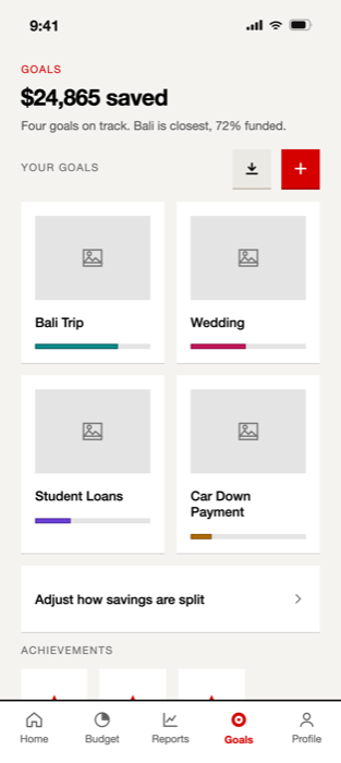Goals grid — savings total, goal tiles, savings split entry and achievements